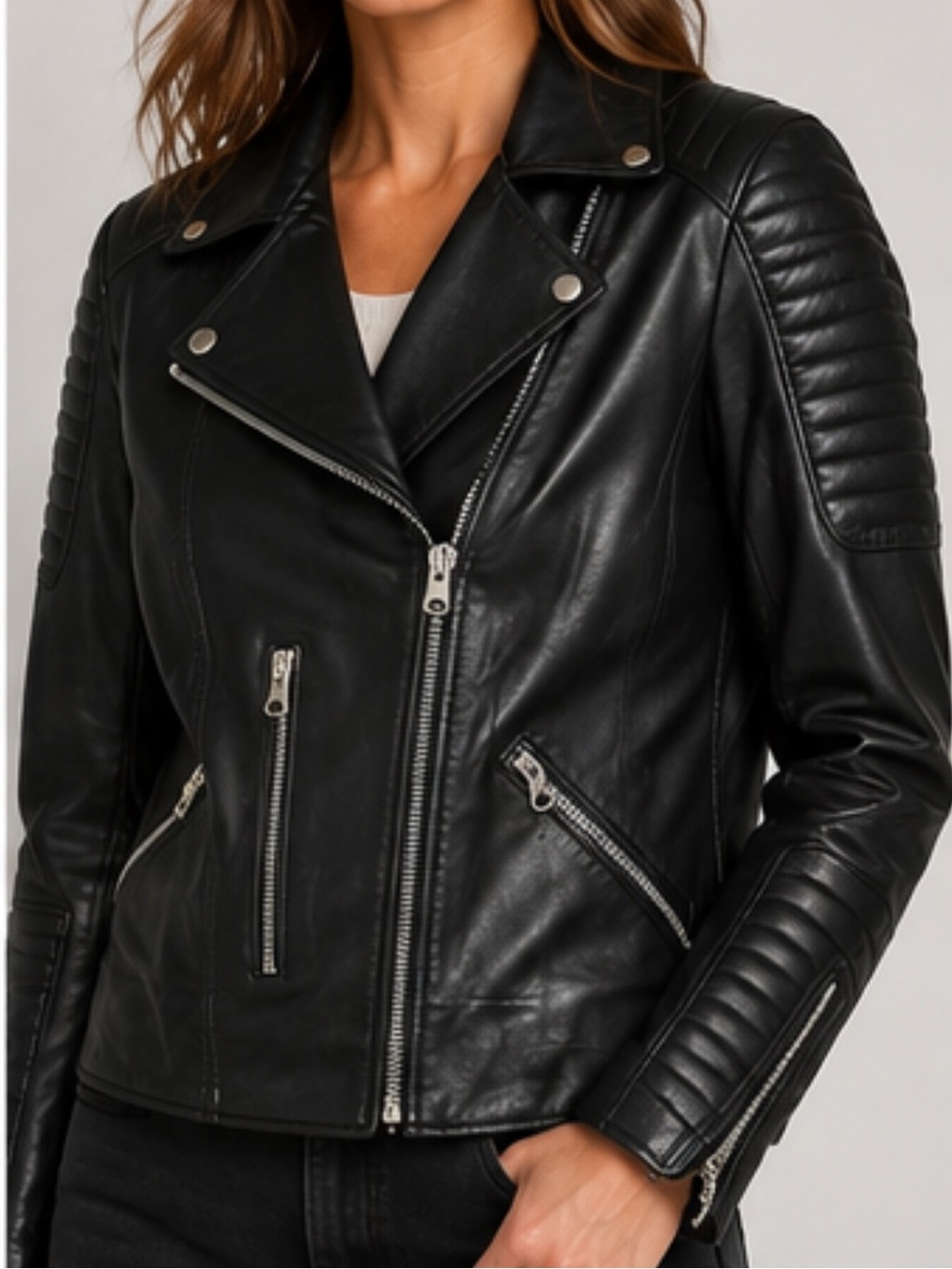 Real Leather Genuine Leather Moto Jacket in Black